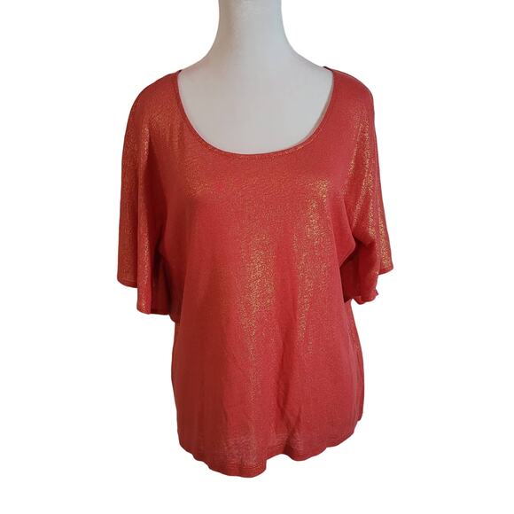 Chico's Size 1 US M Shimmer Andrina Split Sleeve Orange Gold Metallic Top Party - Picture 1 of 11